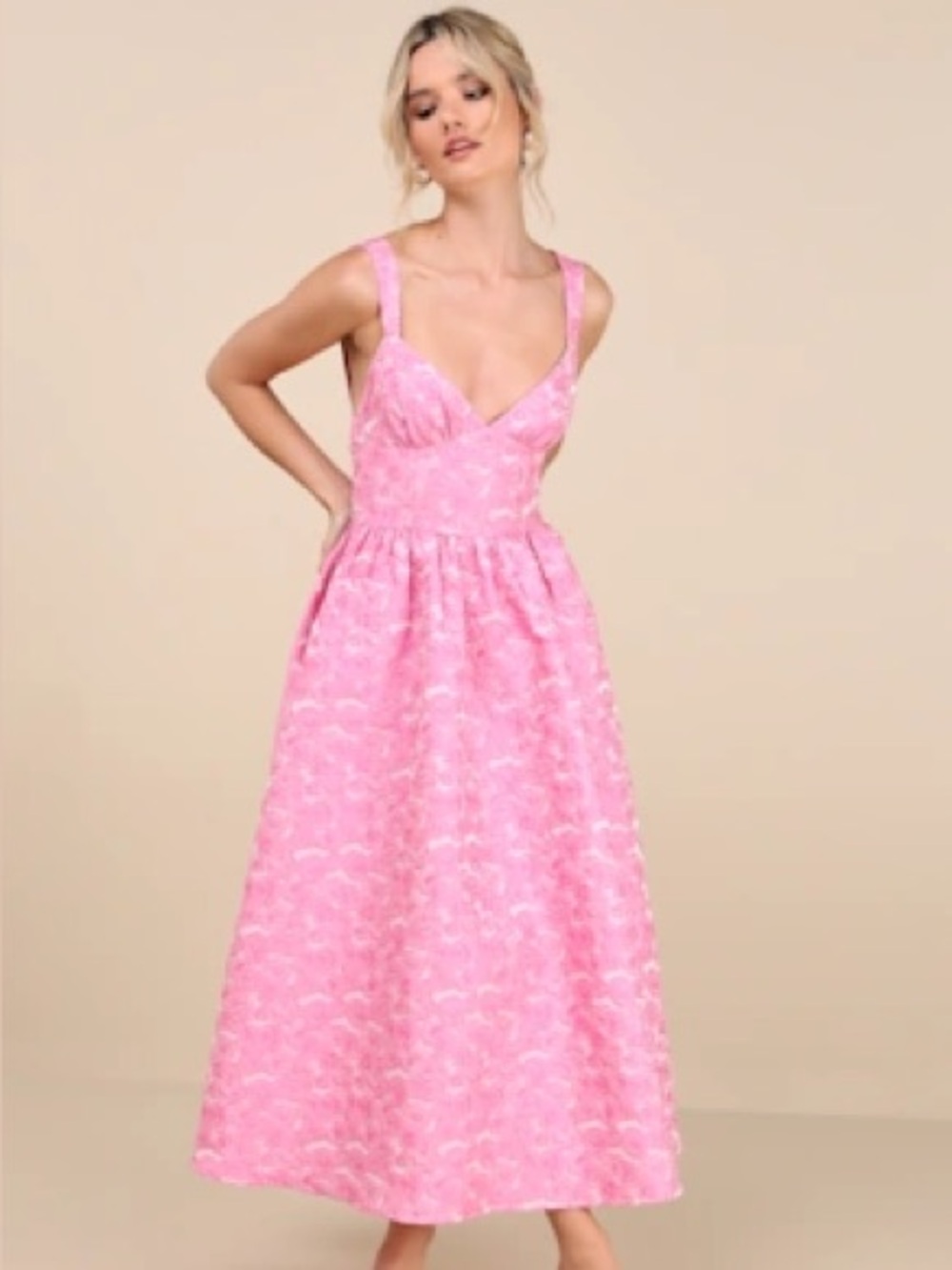 Pink Sleeveless Midi Dress with Subtle Floral Jacquard from Lulus